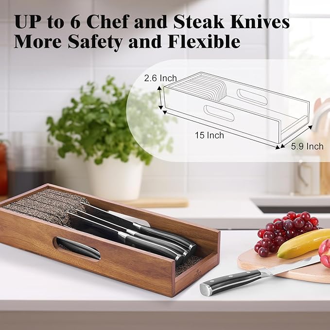 Enoking Knife Drawer Organizer Insert, In Drawer Knife Block, Acacia Wood Knife Holder with Cork Dividers For Kitchen Chef Steak Knife Storage Keep Drawer Tidy (Acacia Wood, 15 x 5.9 x 2.6 In)