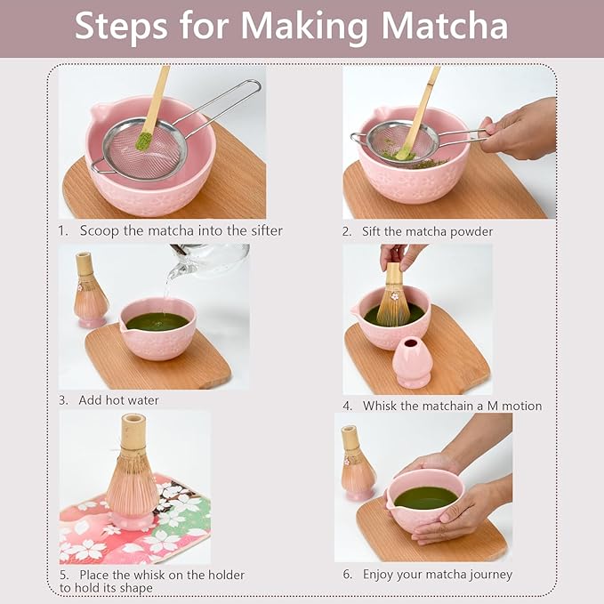 Matcha Whisk Set, Ceramic Matcha Set Includes Matcha Bowl, Bamboo Matcha Whisk and Holder, Bamboo Scoop, Scoop Holder, matcha sifter and Tea Towel - Matcha Kit for Matcha Lovers (Pink)
