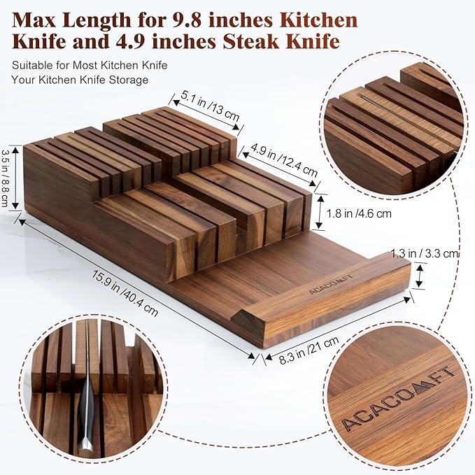 In-Drawer Knife Block, Acacia Wood Kitchen Knife Drawer Organizer, Knife Holder without Knives For Up to 12 Knives Steak Knife Chef Knife