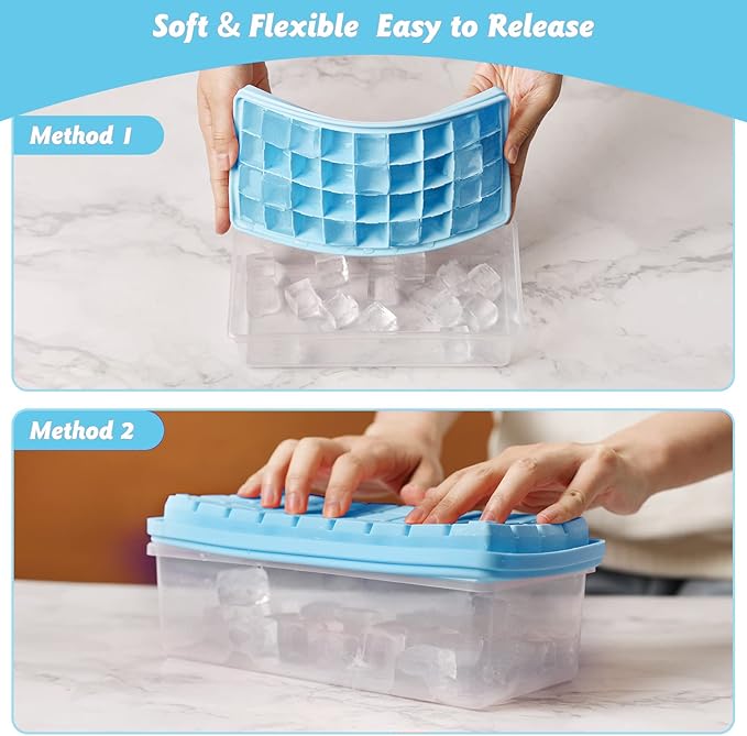 Food-grade Silicone Ice Cube Tray with Lid and Storage Bin for Freezer, Easy-Release 2 * 36 Small Nugget Ice Trays 1 ice Bucket & Scoop, Flexible Ice Cube Molds with Ice Container