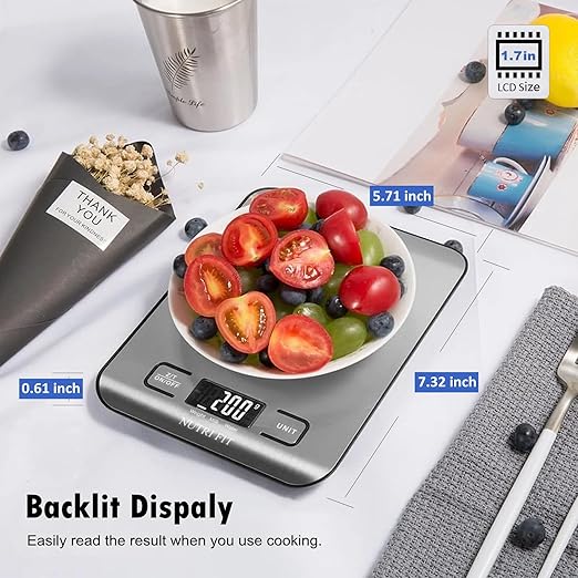 Food Scale, Kitchen Scales Digital Weight Food Grams and Ounces for Weight Loss Baking Cooking of NUTRI FIT, Max 11lb 1g Increment, Backlight LCD Smart Tare Stainless Steel, Easy to Use, AAA Battery