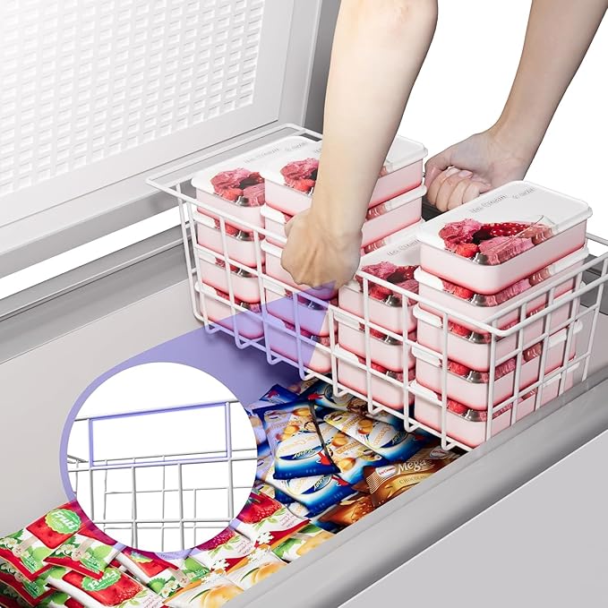 Slideep Chest Freezer Organizer Bins 16.5 Inch, Deep Upright Freezer Baskets Metal Wire Storage Container for Kitchen, White, Set of 2