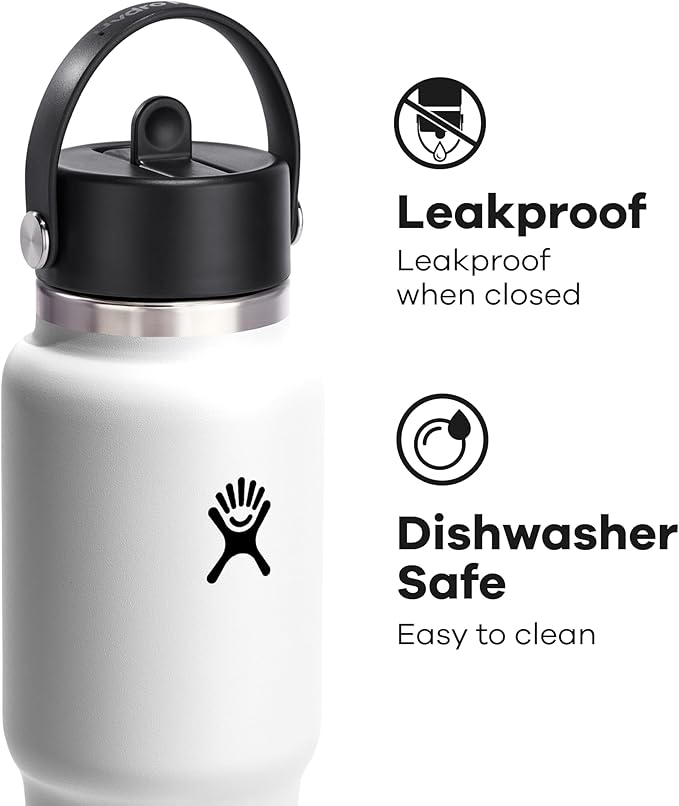 Hydro Flask Travel Water Bottle - Insulated Stainless Steel - Wide Straw Lid, Non Spill, Leakproof in 32 Oz White
