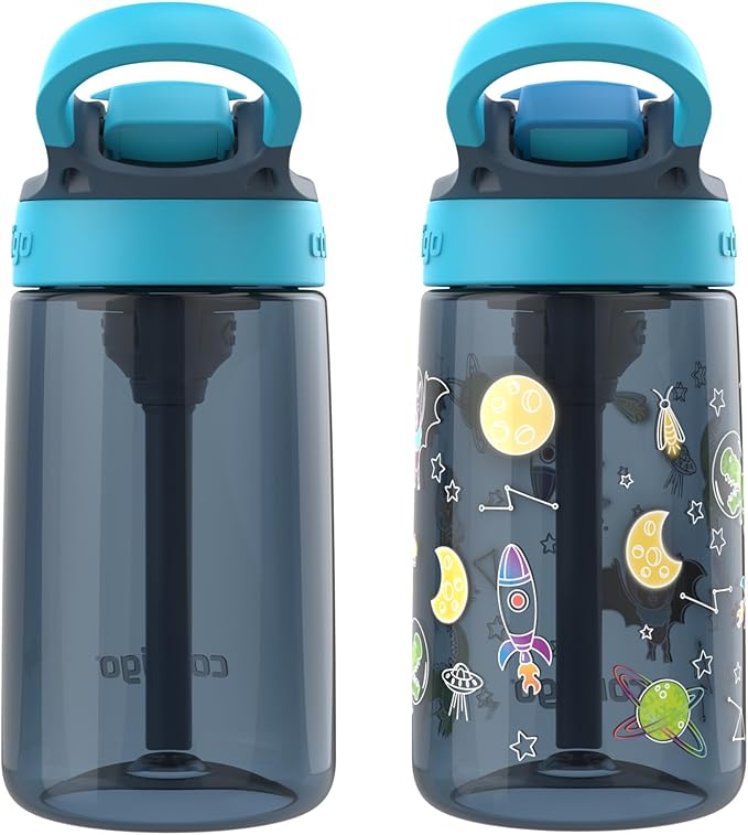 Contigo AutoSpout Kids Water Bottle with Pop up-Straw, 14oz, BPA-Free Plastic, 2-Pack, Blueberry & Bluberry Nightfall, Great for Home and School