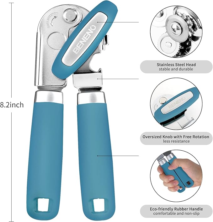 Beneno Heavy Duty Hand Can Opener Manual with Magnet, Durable Sharp Carbon Steel Blade Smooth Cutting, Big Effort-Saving Knob & Soft Grip Handle, Multifunctional Kitchen Tool with Bottle Opener, Aqua