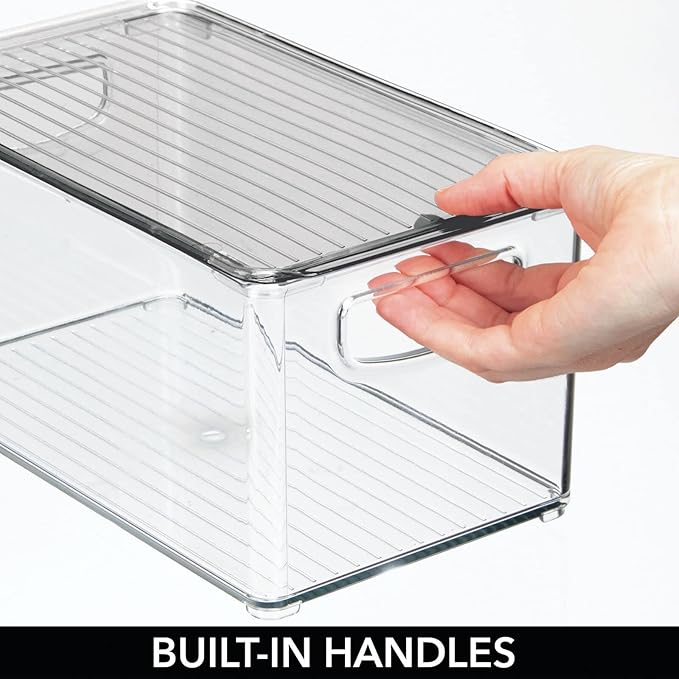 mDesign Plastic Deep Storage Bin Box Container with Lid and Built-In Handles - Organization for Fruit, Snacks, or Food in Kitchen Pantry, Cabinet, Cupboard, Ligne Collection, 4 Pack, Clear/Smoke Gray