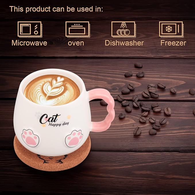 Bgbg Cute Cat Mug, Novelty Ceramic Coffee Tea Milk Cup with Lovely Kitty Lid, Kawaii Claw Spoon, Anime Coaster, Novelty Things Birthday Christmas Gift for Cat Lovers Women Her, 14 oz, White