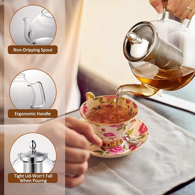 HIWARE 1500ml Glass Teapot with Removable Infuser, Stovetop Safe Tea Kettle, Blooming and Loose Leaf Tea Maker Set