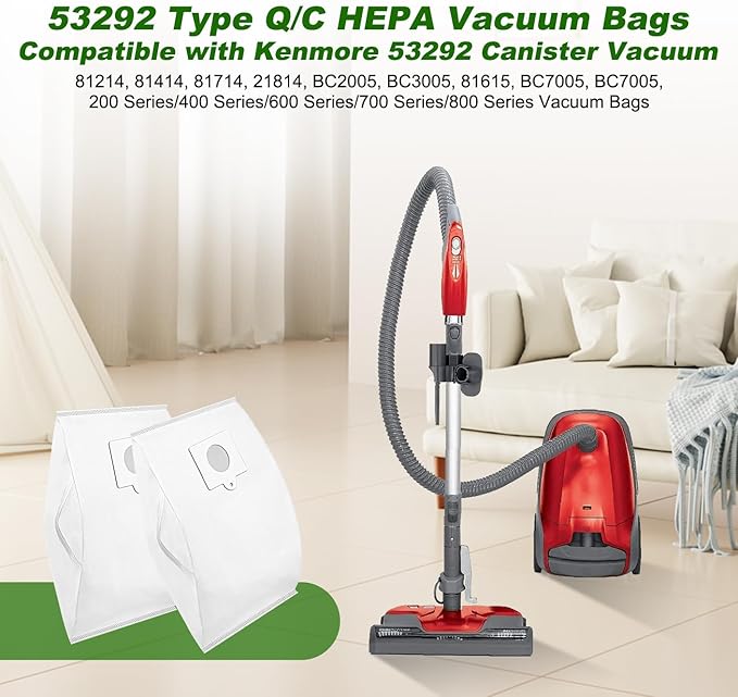 53292 Vacuum Bags for Kenmore 53292 Canister Vacuum 81214, 81414, 81714, 21814, BC2005, BC3005, 81615, BC7005, 200/400/600/700/800 Series Type Q/C HEPA Vacuum Bags, 6 Pack