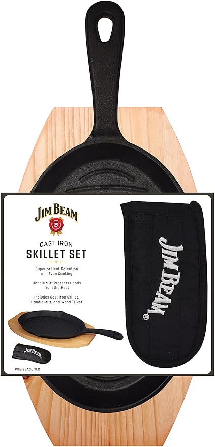 Jim Beam JB0159, Heavy Duty Construction, Pre Seasoned Cast Iron Skillet with Wooden Base and Mitt, Black,Small