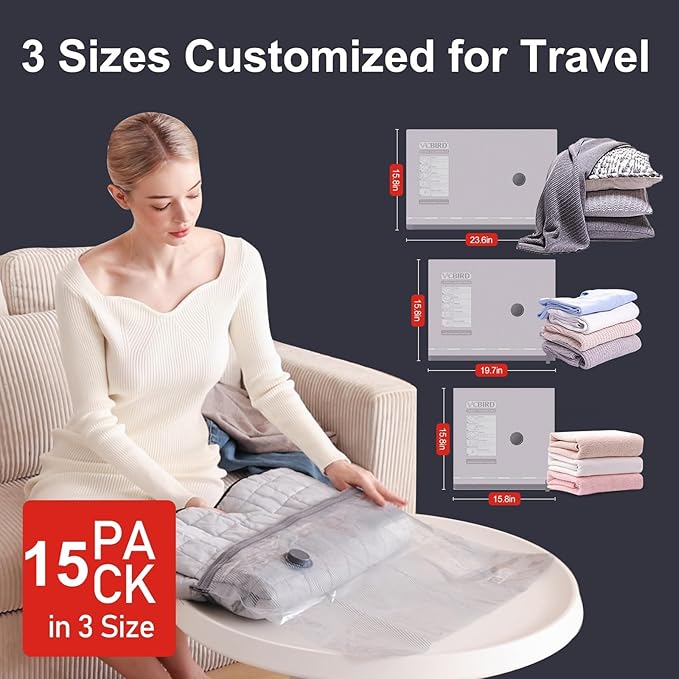 15-Pack Vacuum Storage Bags for Travel, Large/Medium/Small Compression Bags for Clothes (No Pump)
