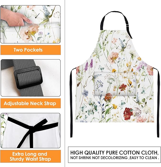 Britimes Apron Home Kitchen Cooking Baking Gardening for Women Men With Pockets Wildflower Flower Floral Boho Butterfly Hydrangea 32x28 inch