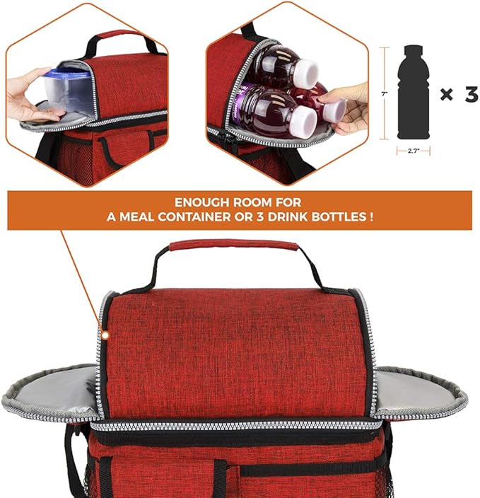 opux Lunch Bag Women Insulated, Adult Lunch Box Cooler, Lunch Box for Men, Dual Compartment Lunchbox for Work, Leakproof Double Decker Lunch Bag, Soft Lunch Pail Tote Girls Boys Kids School, Red