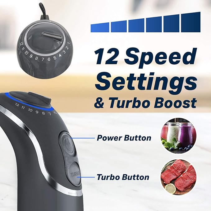 Mueller Multistick 5-in-1 Immersion Blender Handheld,12 Speed Hand Mixer-Turbo Boost,Heaviest Duty Copper Motor,Titanium reinforced Blades Hand Blender,Milk Frother Wand,Whisk,Beaker,Chopper,Grey