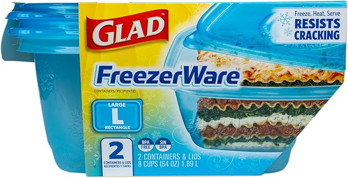 Glad GladWare Freezerware Food Storage Containers - Large Rectangle - Meal Container Holds up to 64 Ounces of Food - Lock Tight Seal, 2 Count - 6 Pack