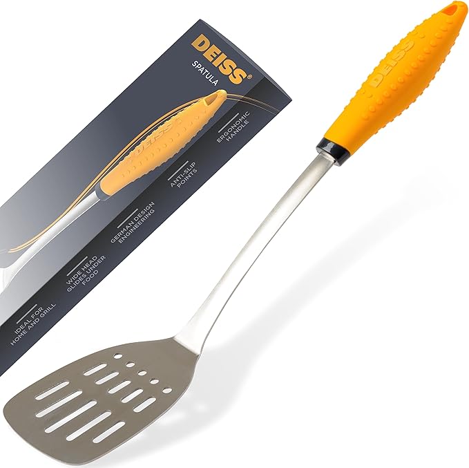 Deiss PRO Kitchen Grill Spatula Stainless Steel Heavy Duty Slotted Turner - 14.4" Metal Spatula for Cooking, Grilling Spatula, Easy Grip Handle, Slotted Design, Easy to Clean