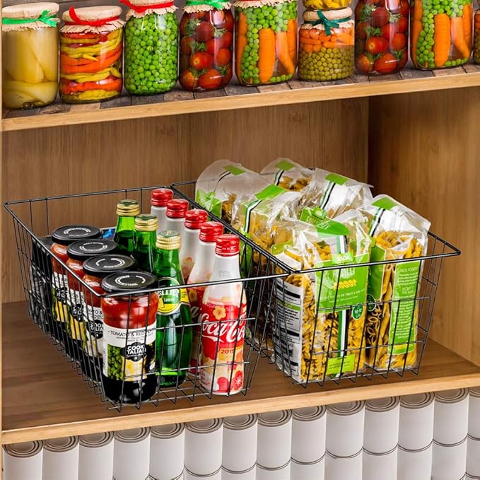 SANNO Freezer Baskets Wire Storage Baskets Closet Baskets Bin Farmhouse Organizer Storage Bins Large Organizer Bins for Home, Office, Bathroom, Pantry Organization Storage -Black Set of 3, 15.7"