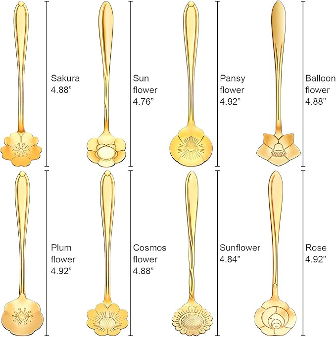 Chengu 8 Pieces Flower Coffee Tea Spoons Stainless Steel Sugar Spoons Tea Party Flower Fancy Tableware Set Stir Bar Creative Stirring Teaspoon, 8 Different Patterns(Gold)