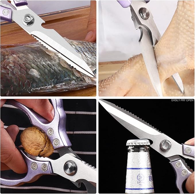 AWinjoy Heavy Duty Sharp Kitchen Scissors, Dishwasher Safe, Cooking Shears for Meat, Chicken, Fish, Poultry, Herb, Bread (Purple)