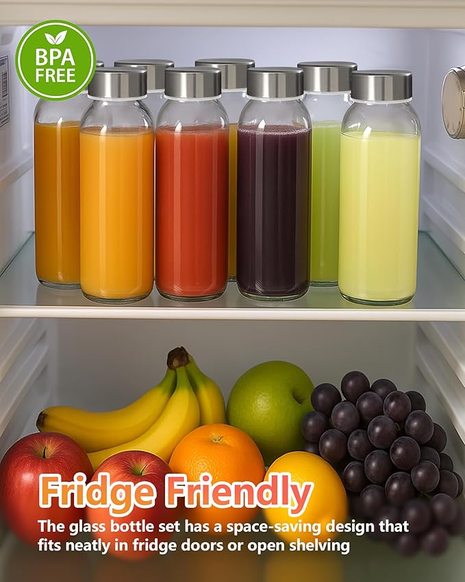 Zukro Clear Glass Juice Bottles 10.5 oz, 6 Pack Reusable 300ml Glass Jars With Airtight Stainless Steel Lids for Juicing, Milk, Ginger Shot, Smoothie, Leak Proof Small Water Container, BPA Free