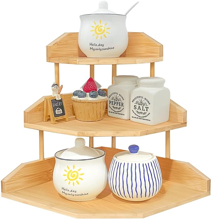 HYNAWIN Bamboo Spice Rack Corner Shelves-3 Tier Standing Pantry Shelf for Kitchen Counter Storage,Bathroom Countertop Storage Organizer-Irregular Pattern Desk Bookshelf