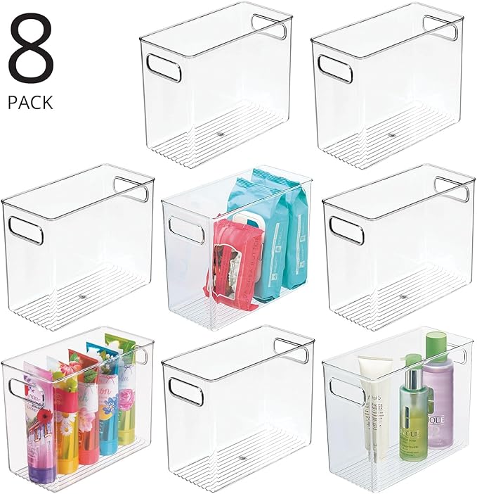 mDesign Tall Modern Stackable Plastic Storage Organizer Bin Basket with Handles for Bathroom Vanity Organization - Shelf, Cubby, Cabinet, or Closet Organizing Decor - Ligne Collection - 8 Pack - Clear