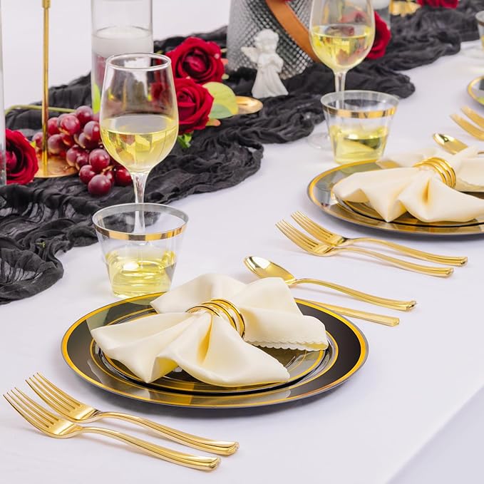 bUCLA 300PCS Black and Gold Disposable Dinnerware Set - 50 Guests Black Plastic Plates with Gold Rim Include 50 Dinner / 50 Dessert Plates, 50 Forks,50 Knives,50 Spoons&50 Cups for Party&New Year