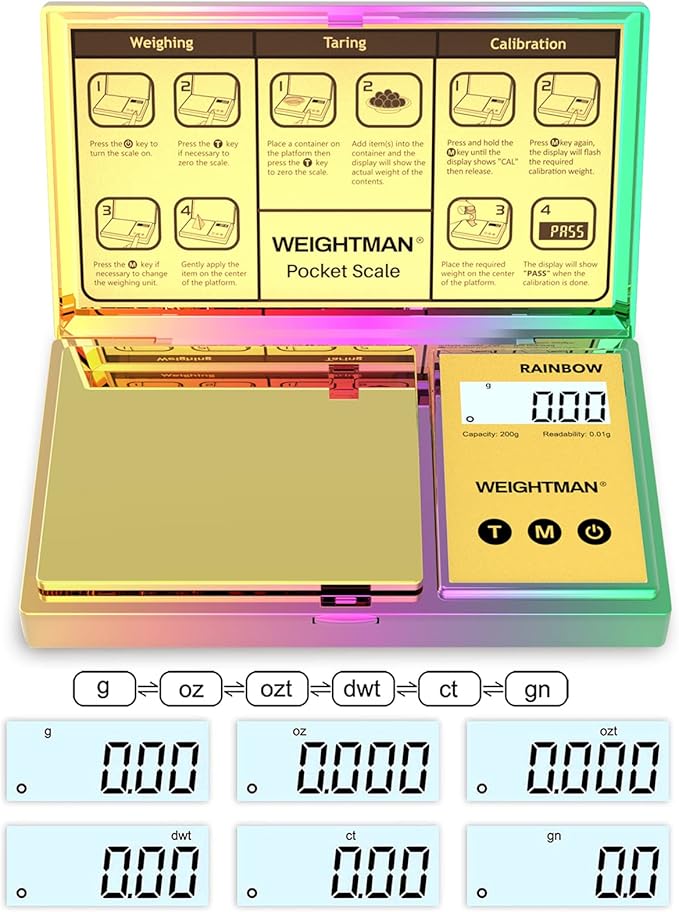WEIGHTMAN Shiny Digital Gram Scale 200g x 0.01, Chrome Rainbow Mini Scale for Food Ounces and Grams, Iridescent Plating Pocket Scale, Small Jewelry Scale, Travel Scale, Backlit LCD, 6 Units