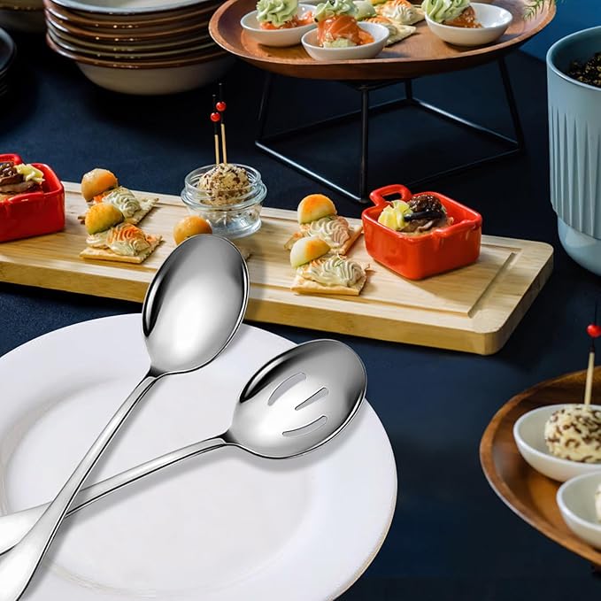 Stainless Steel Serving Spoons Set, 6pc, 10-Inch, Includes 3 Large, 3 Slotted, for Parties/Kitchen/Buffet/Catering, Dishwasher Safe