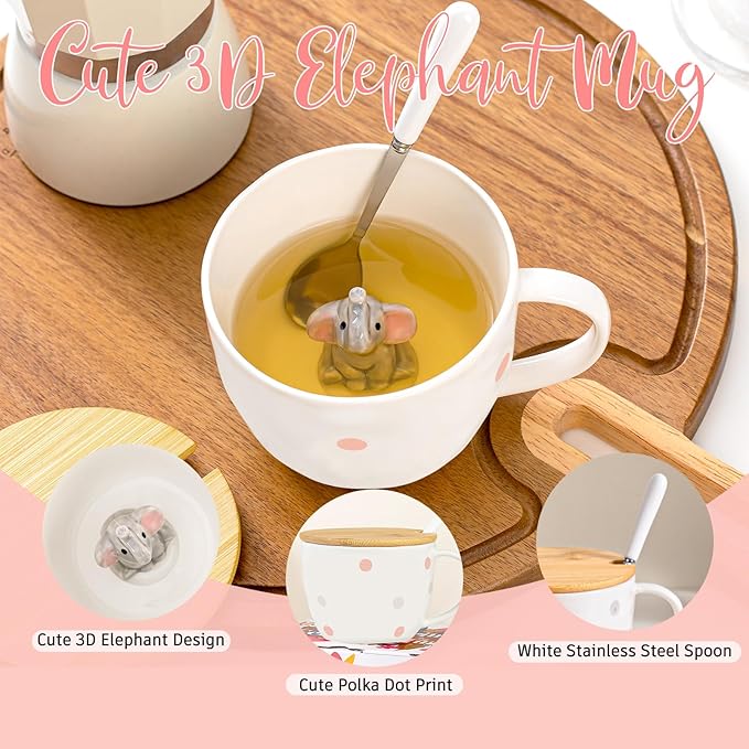 White Elephant Gifts for Adults Cute Elephant Mug with 3D elephant Inside Kawaii Ceramic Coffee Mug Tea Cup with Lid Spoon Friendship Birthday Christmas Gifts for Women Men Sisters Friend Coworkers