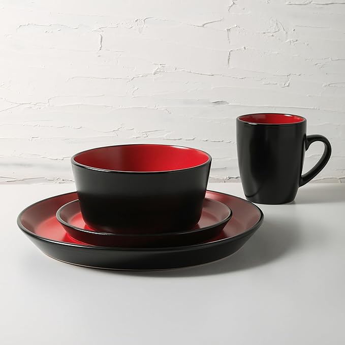 Stone Lain Albie Stoneware 32 Piece Dinnerware Set, Plates and Bowls Sets, Dish Set for 8, Red and Black, Microwave & Dishwasher Safe