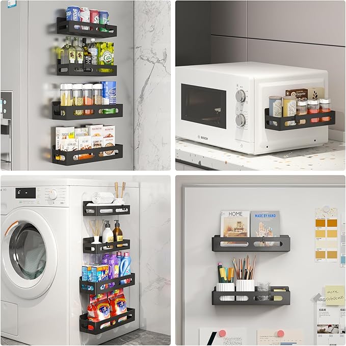 6 Pack Magnetic Spice Rack for Refrigerator, Spice Rack Organizer, Moveable Magnetic Shelf Fridge Organizer with 4 Hooks for Kitchen and Oven Organization, Black