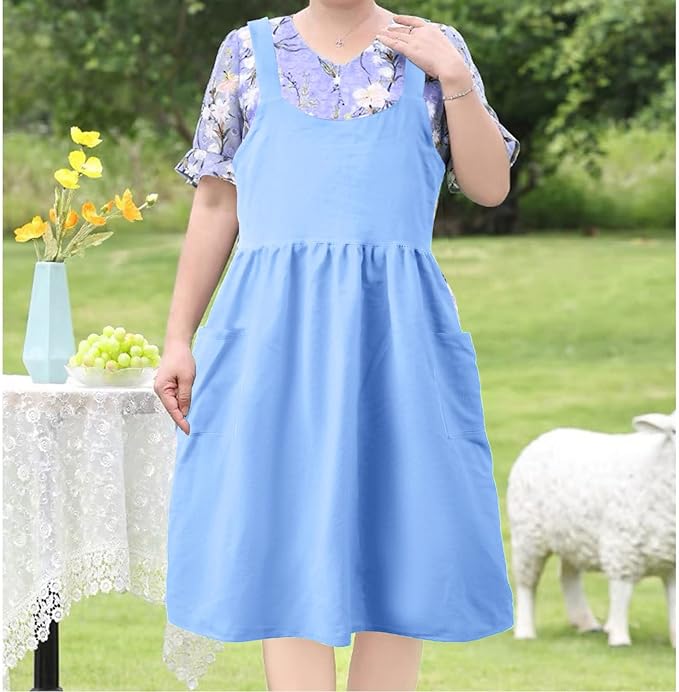 Uaussi Cotton Linen Apron Cross Back Work Apron for Women with Pockets Pinafore Dress X Cross Halter Apron for Chef Gardening