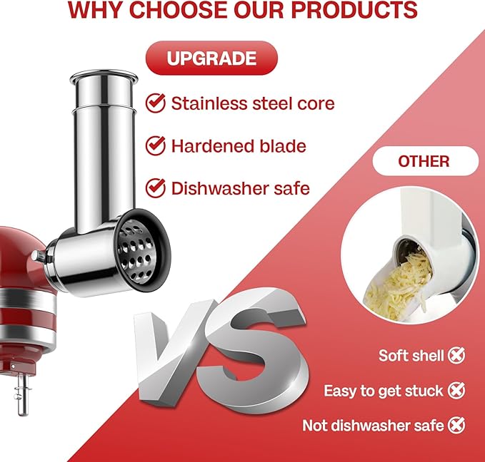 Stainless Steel Slicer Shredder Attachment for KitchenAid Stand Mixer, For Kitchenaid Cheese Grater Attachment, Salad Maker, Grinding Powder, Cheese Kitchenaid Attachment with 4 Blades