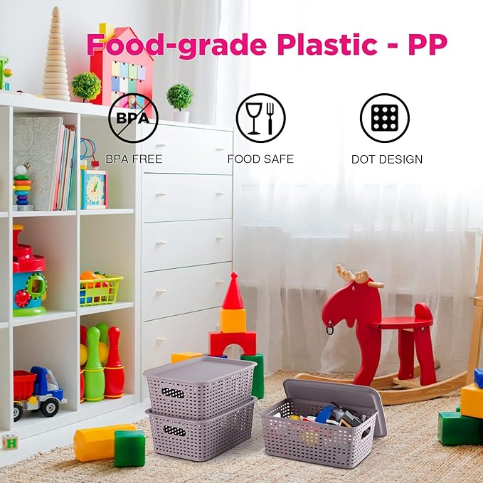 AREYZIN Lidded Storage Bins Plastic Storage Baskets With Lid Organizing Container Knit Storage Organizer Bins for Shelves Drawers Desktop Playroom Classroom Office, 6 Pack,Purple