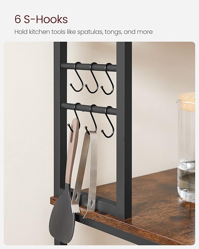 VASAGLE Coffee Bar, 31.5 Inches Baker's Rack for Kitchen with Storage, 6-Tier Kitchen Shelves with 6 Hooks, Microwave Stand, Industrial, Rustic Brown and Black UKKS019B01