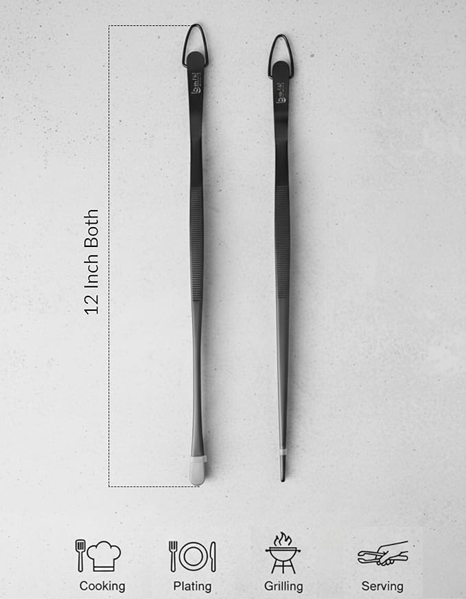 Tweezer Tongs Set of 2 – Boxiki Kitchen 430 Stainless Steel Cooking Tweezers, Long Chef Tweezers for Plating, Grilling, Baking, Pasta, Food Handling, Cake Decorating & Culinary Use