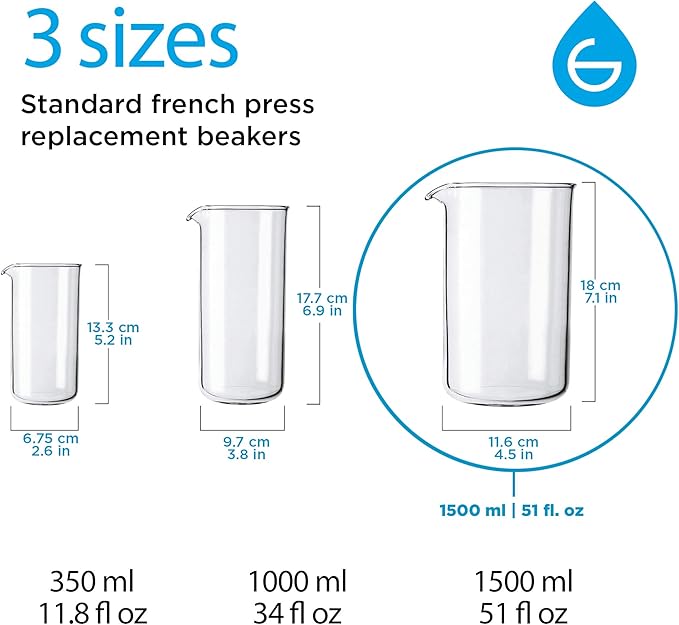 GROSCHE Borosilicate 3.3 Glass Universal Replacement Beaker for French Coffee and Tea Press Makers, 51 fl oz, Large