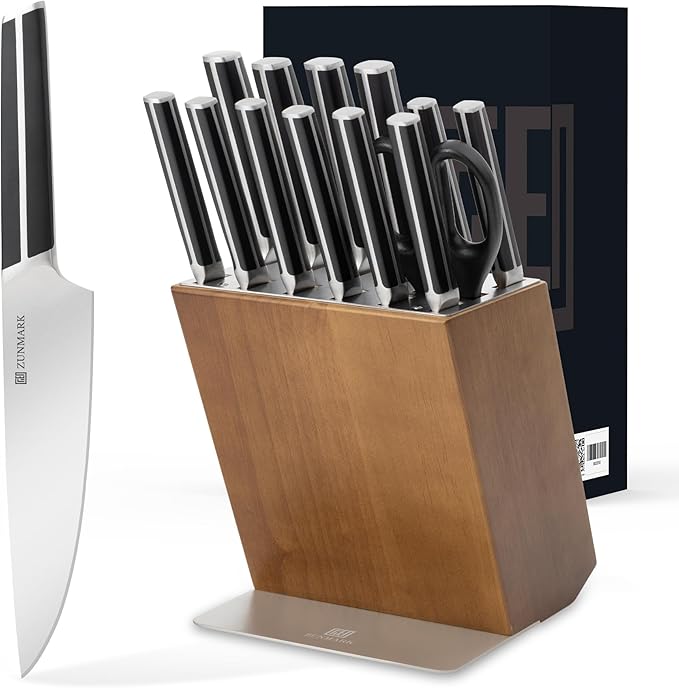 Kitchen Knife Set, 14 PCS Knife Sets for Kitchen with Block, X50CrMoV15 High Carbon German Steel Knife Set with 6X Serrated Steak Knife, Heavy