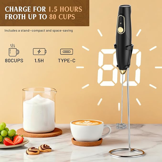 Rechargeable Milk Frother Wand with Stand, Electric Handheld Coffee Frother with 3 Detachable Whisks, Travel Milk Foamer for Protein Powder, Drinks, Espumador de Leche Electrico Black