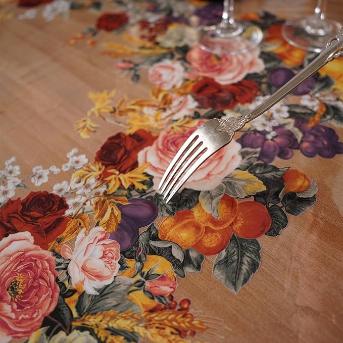 Clear Table Cover Protector Vinyl PVC Rectangle Table Cloth Oil Spill Proof Plastic Tablecloths for Dining Tables Parties Holidays (Floral Fruit, 60 x 120 Inches)