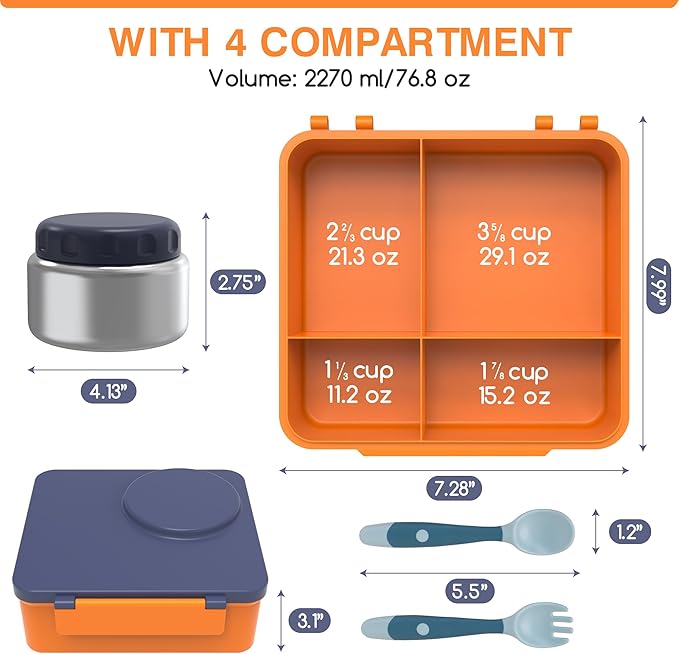 Bento Box for Kids - Leak-Proof Bento Lunch Box with Insulated Thermos Food Jar - 4 Compartments, 1 Removable Divider, 1Spoon, 1 Fork - Dishwasher Safe, BPA-Free (Navy blue)