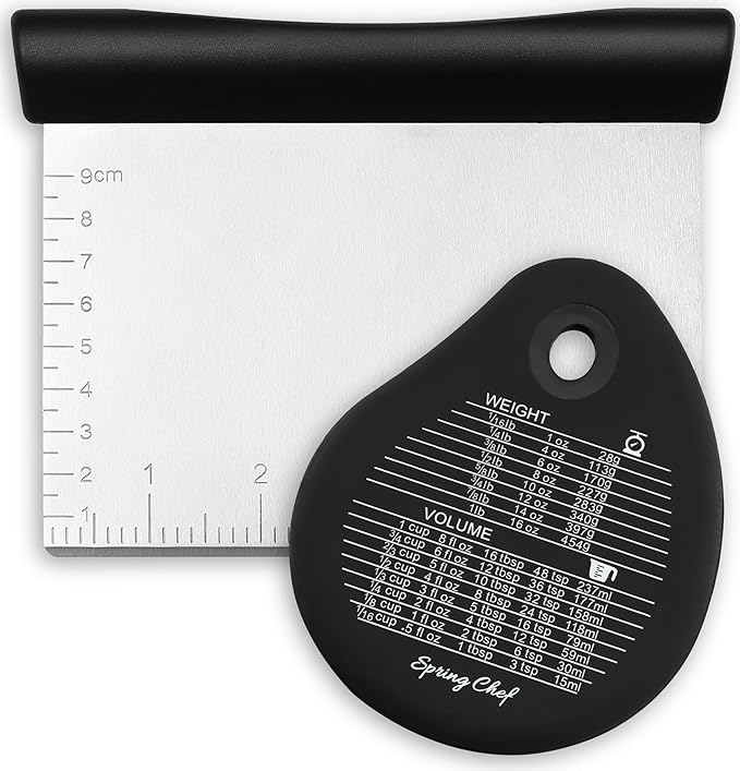 Spring Chef Dough Bench Scraper for Baking with Markings - Stainless Steel Kitchen Dough Cutter Tool with Bowl Pastry Scraper for Pizza, Bread, Pastries - Bench Knife - Dishwasher Safe - Black