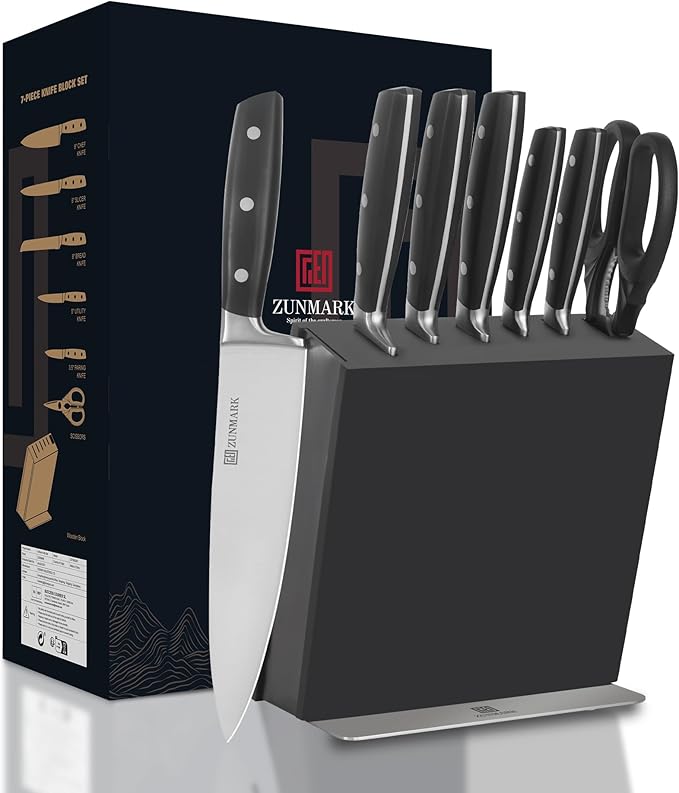 Knife Set, 7 Piece Sharp Chef Knife Set with Solid Wood Block, Unique One-Sided Magnetic Design, Full-tang Stainless Steel Knife Block Set for Home and Restaurants, Elegant Black