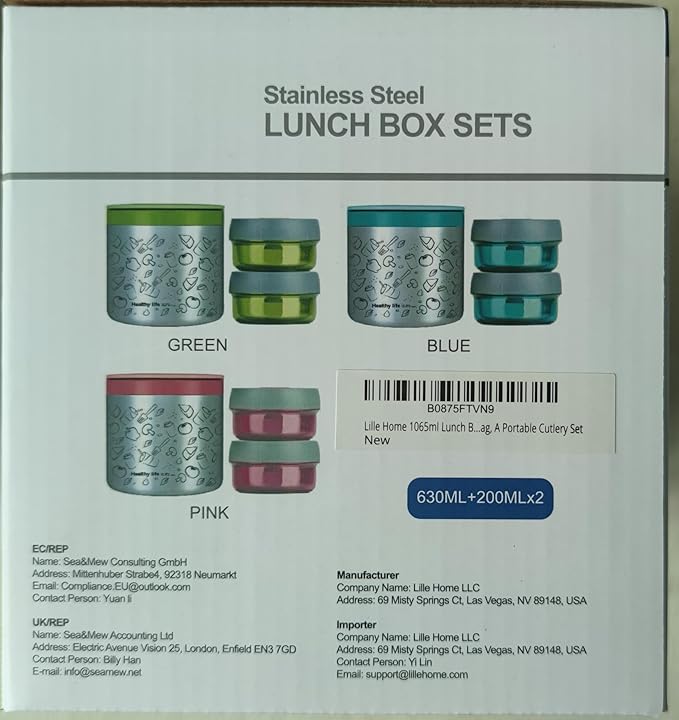 Lille Home Portable Insulated Lunch Box Set with Stainless Steel Cutlery, vacuum lunch box, to Keep Food Warm or Cool, Two Containers for Fruits and Sauces, Durable and Leak-Proof