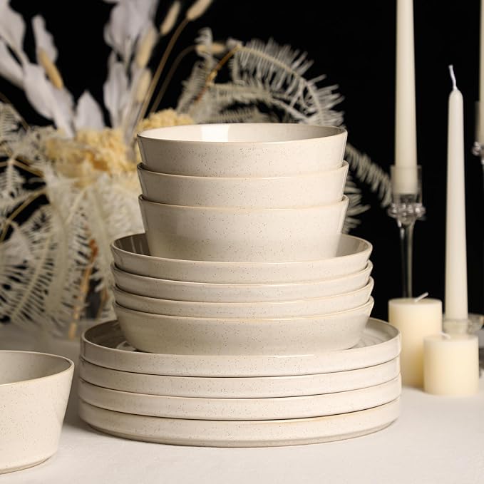 Stone Lain Claire 12-Piece Dinnerware Set Stoneware, Plates and Bowls Set, Dishwasher and Microwave Safe, Dish Set for 4, White