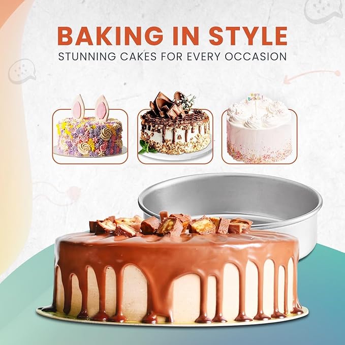 RFAQK 100PCs Anodized Aluminum Cake Pans Sets for Baking - 8 inch Round Cake Pans with Cake Leveler, Piping Bags, Icing Tips, 30 Parchment Papers, 40 Cupcake Liners & Icing Spatula for Cake Decorating