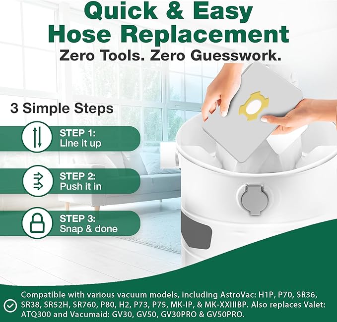 6 Valet & VacuMaid Vacuum Bags Compatible with AstroVac, Part # HPB2HPK & HPB2H, Fits Models: H1P, P70, SR36, SR38, SR52H, ATQ300, GV30, GV50, GV30PRO & GV50PRO - by Think Crucial (6 Pack)