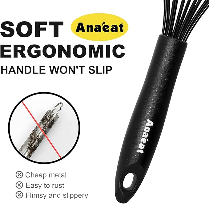 Anaeat Silicone Balloon Whisk, Perfect for Non-Stick Cookware, Milk and Egg Beater Blender, Heat Resistant Kitchen Whisks for Whisking, Cooking, Baking, Beating, Frothing & Stirring (Black)