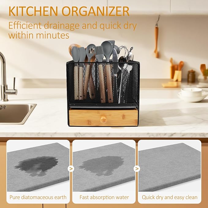Kitchen Utensil Holder, 2-In-1 Large Utensil Holder Counter & Drawer Silverware Organizer Kitchen Countertop, 6 Compartment Caddy for Cooking and Flatware, With Quick Dry Diatomite Pad